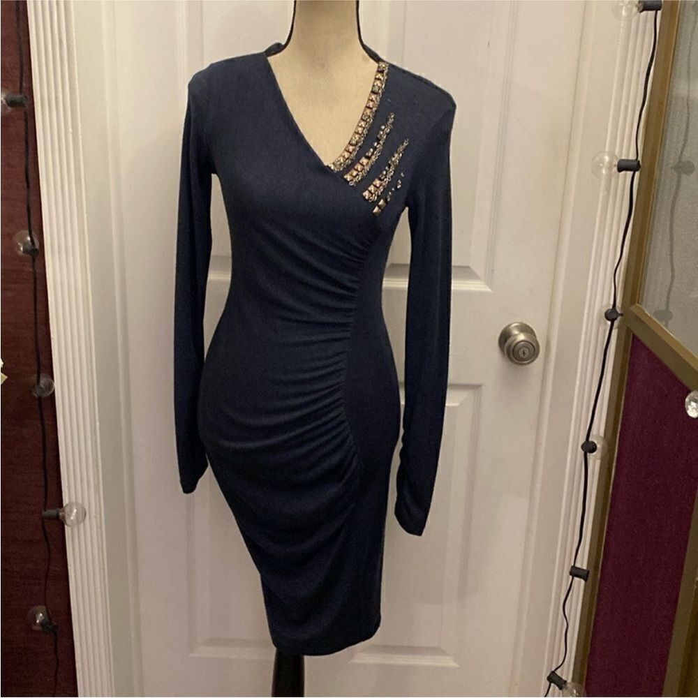 Blumarine Elegant Navy Blue Dress with Gold Accents, S